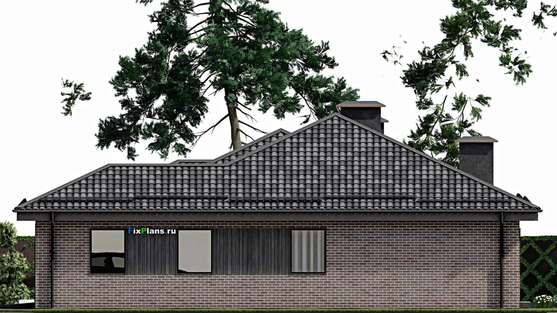 F-6974 - Проект одноэтажного дома 17 на 17, площадью 200 м² с террасой, гаражом на 1 машину и 4 спальнями