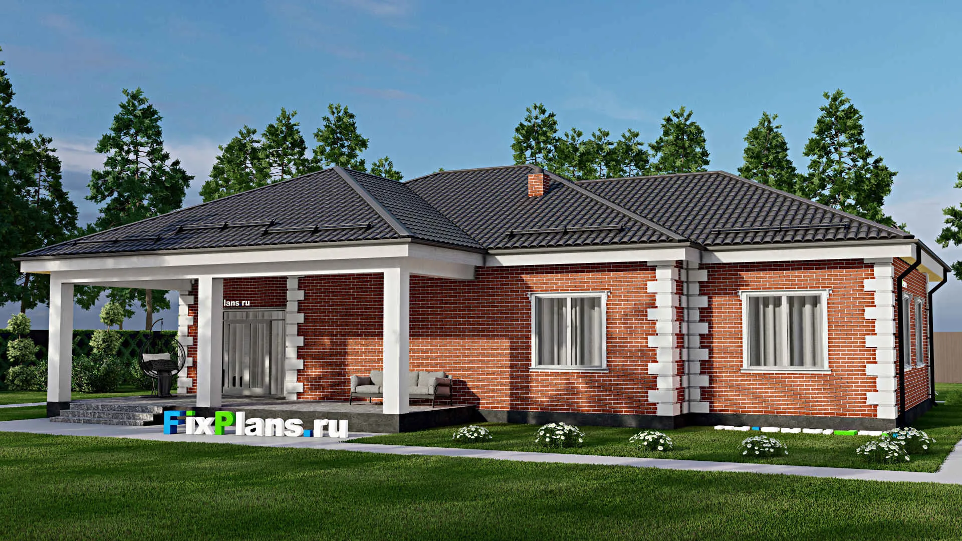 F-3410 - Проект одноэтажного дома 13 на 20, площадью 230 м² с террасой и 4 спальнями