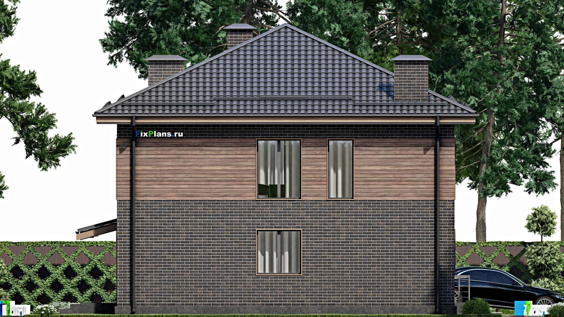 F-4742 - Планы двухэтажного дома 11 на 14, площадью 230 м² с балконом, гаражом на 1 машину и 4 спальнями