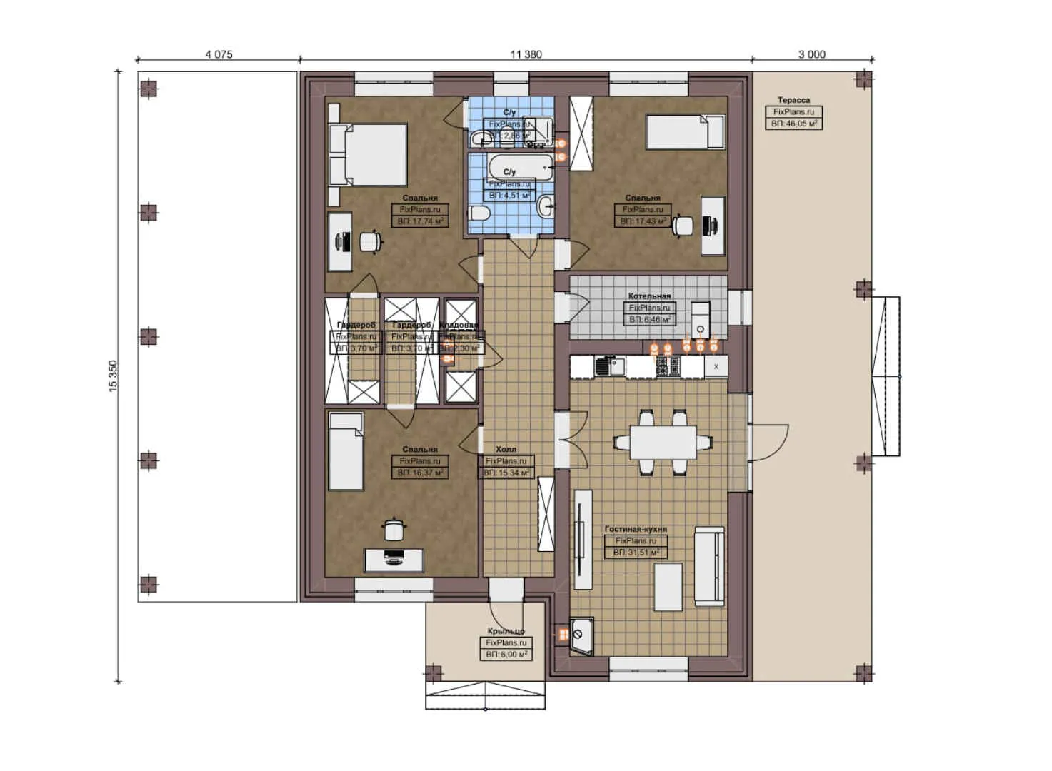 F-5012 - План одноэтажного дома 12 на 16, площадью 180 м² с террасой и 3 спальнями