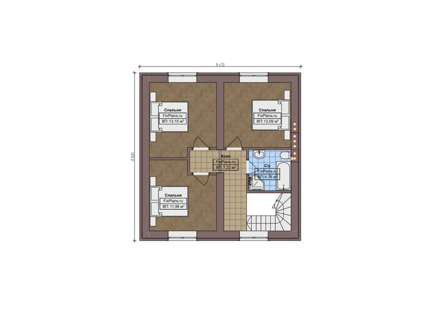 F-9287 - Планы двухэтажного дома 13 на 13, площадью 160 м² с террасой, гаражом на 1 машину и 4 спальнями