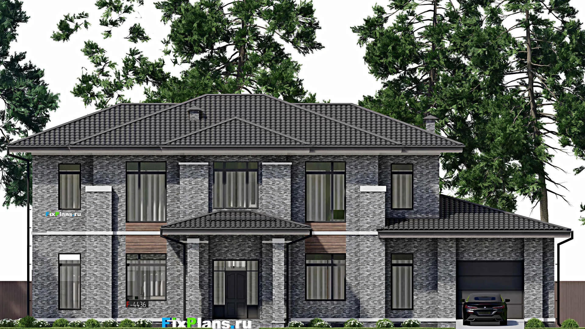 F-4436 - Планы двухэтажного дома 16 на 23, площадью 320 м² с террасой, балконом, гаражом на 1 машину и 4 спальнями