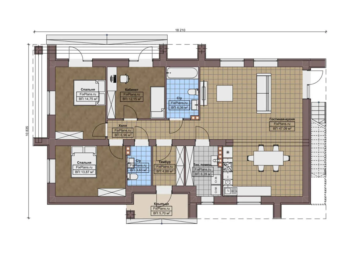 F-9575 - План одноэтажного дома 11 на 19, площадью 130 м² с 2 спальнями