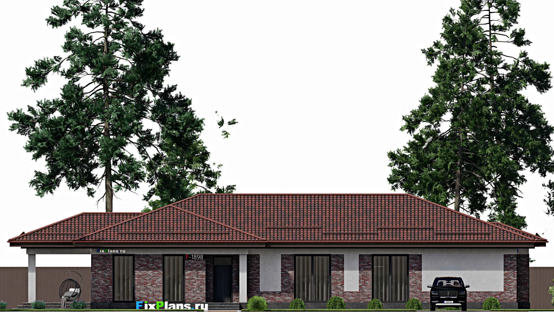 F-1898 - Проект одноэтажного дома 13 на 24, площадью 250 м² с террасой и 4 спальнями