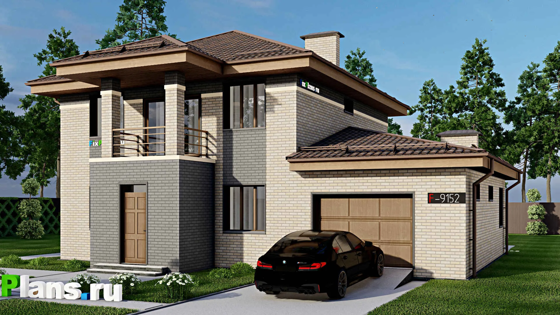 F-9152 - Проект двухэтажного дома 15 на 15, площадью 200 м² с террасой, балконом, гаражом на 1 машину и 6 спальнями