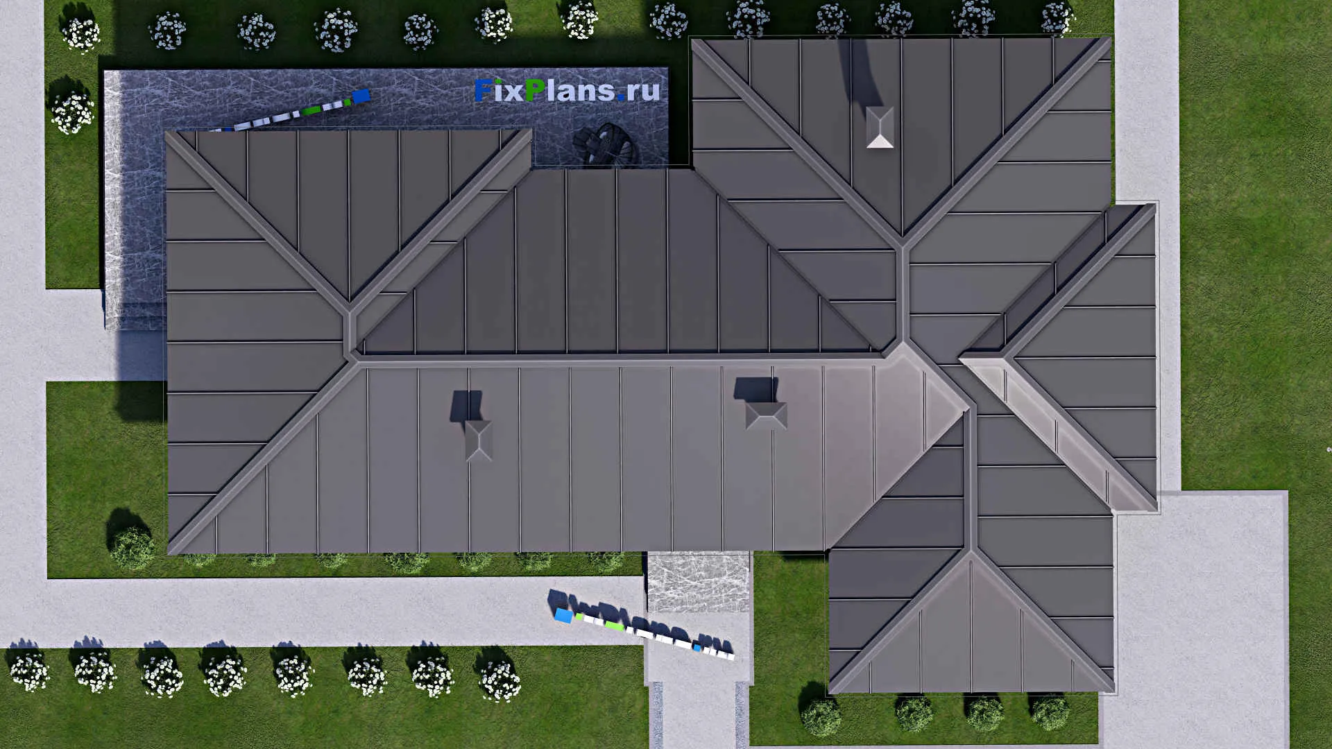 F-8171 - План одноэтажного дома 13 на 22, площадью 170 м² с террасой, бассейном и 3 спальнями