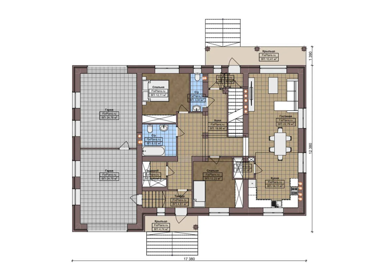 F-5759 - Планы дома с мансардой 13 на 18, площадью 320 м² с цокольным этажом, баней, гаражом на 2 машины и 5 спальнями
