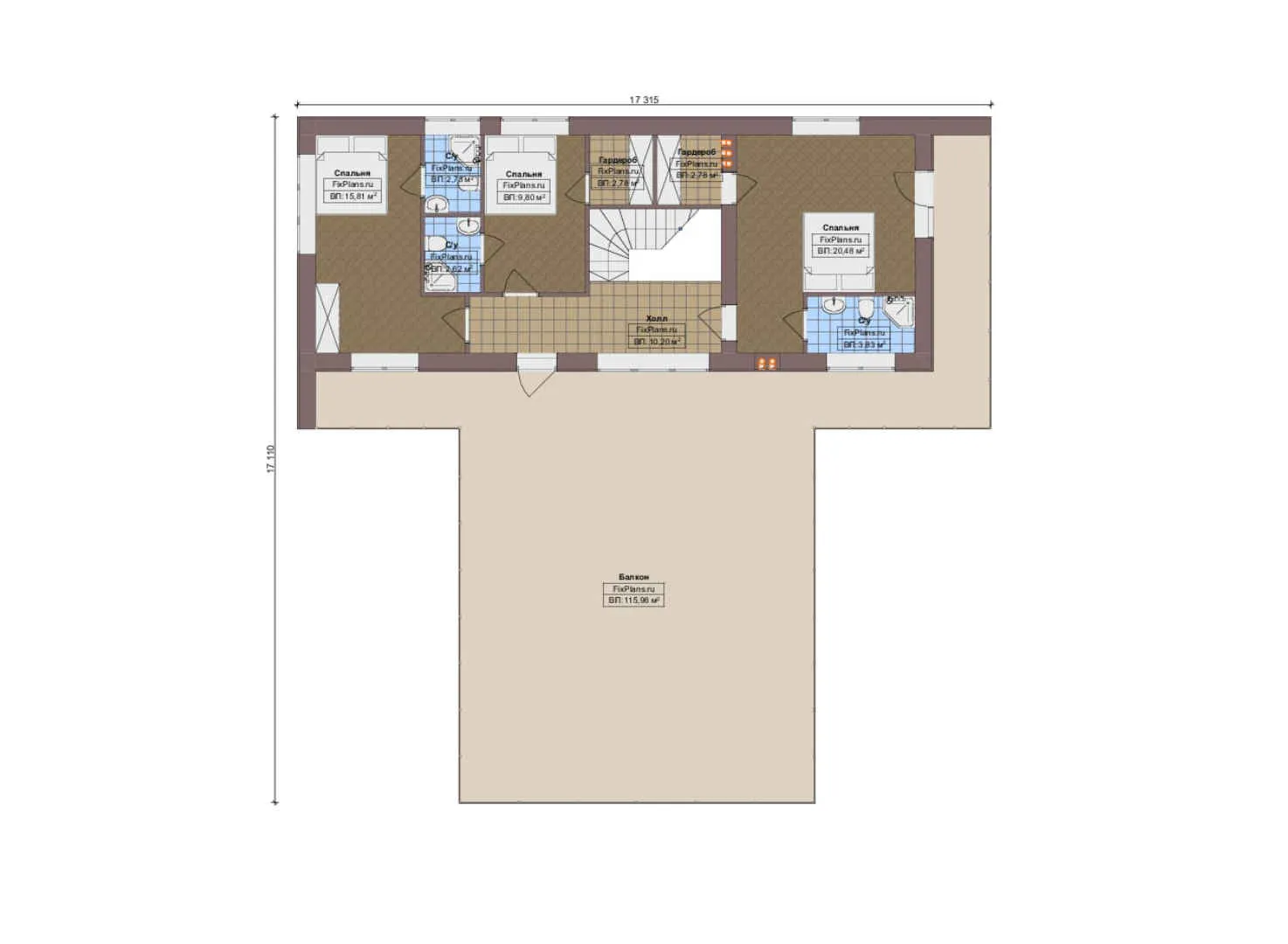 F-15029 - Планы двухэтажного дома 18 на 19, площадью 380 м² с террасой, балконом, гаражом на 1 машину и 4 спальнями