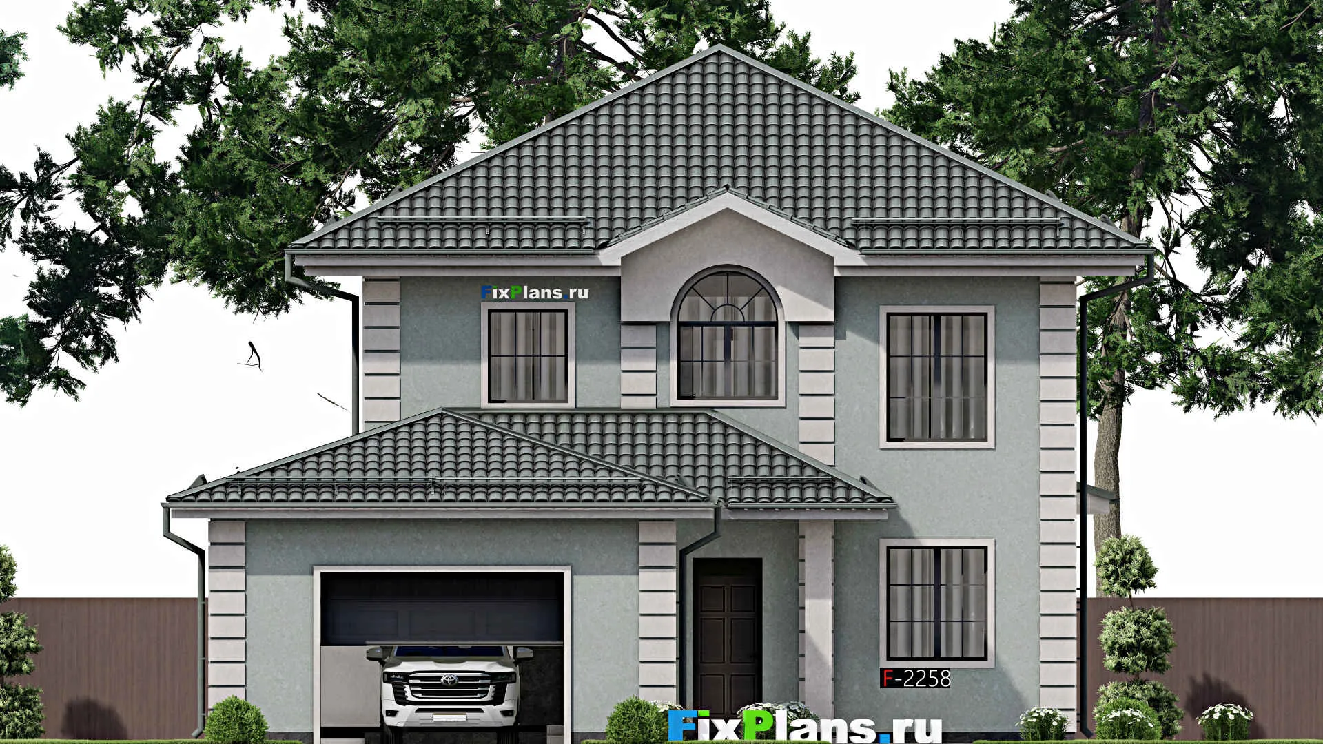 F-2258 - Планы двухэтажного дома 13 на 20, площадью 240 м² с террасой, гаражом на 2 машины и 3 спальнями