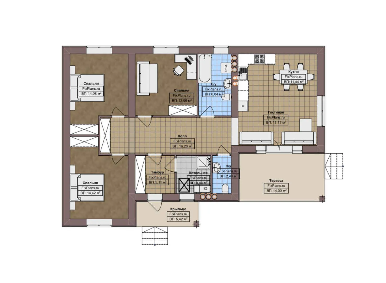 F-4472 - План одноэтажного дома 11 на 16, площадью 120 м² с террасой и 3 спальнями