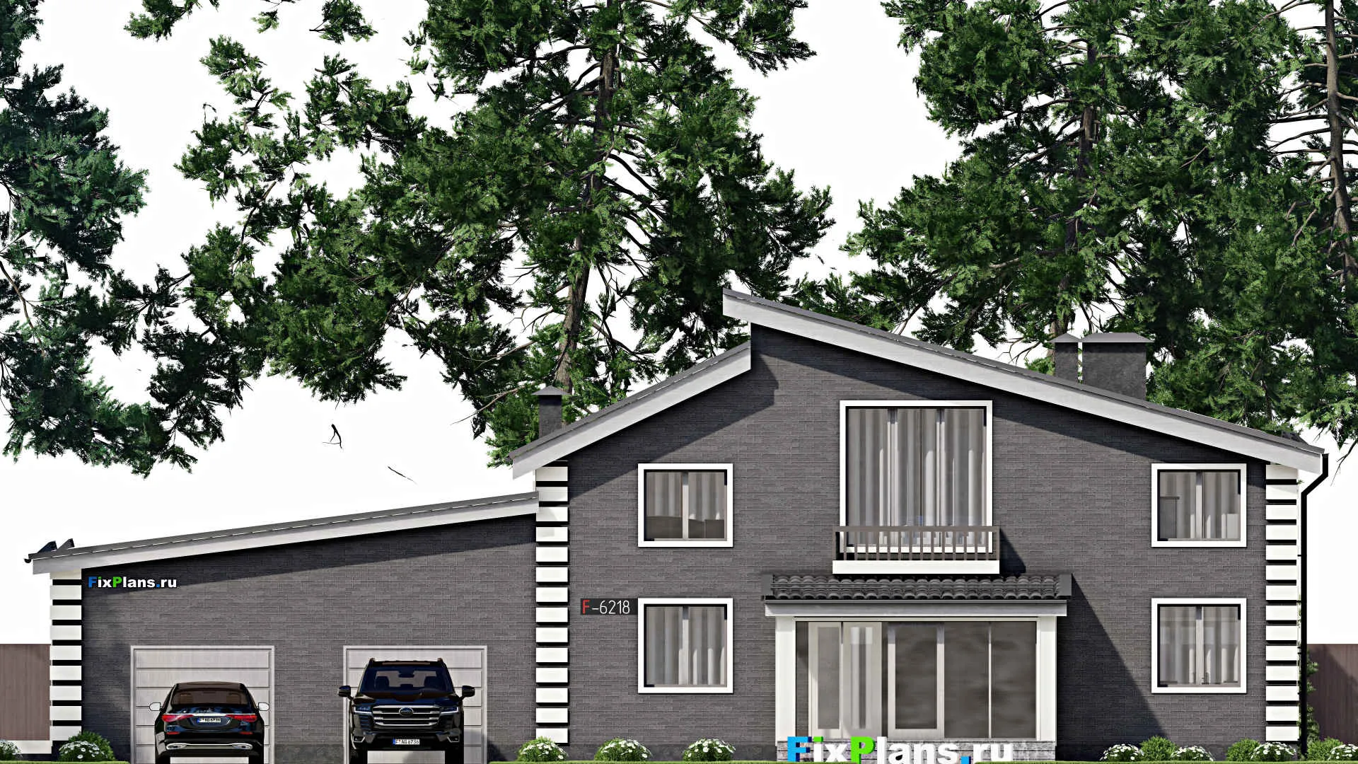 F-6218 - Проект дома с мансардой 16 на 22, площадью 310 м² с террасой, балконом, гаражом на 2 машины и 6 спальнями