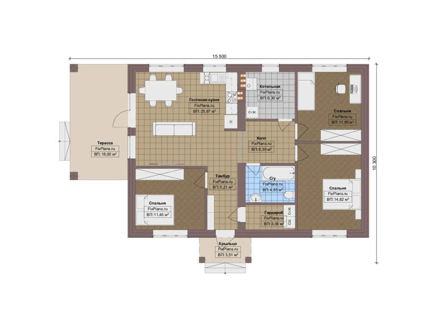 F-14003 - План одноэтажного дома 11 на 16, площадью 120 м² с террасой и 3 спальнями