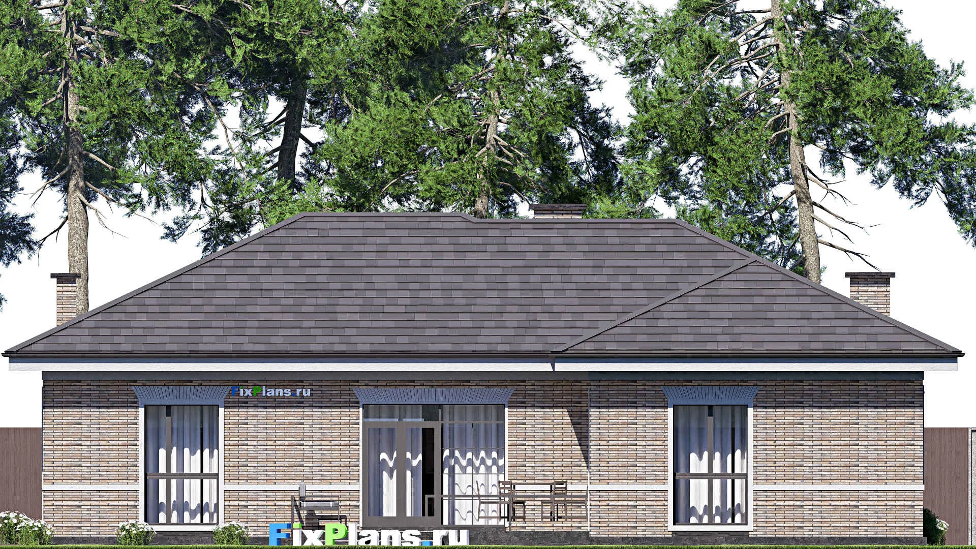 F-19619 - План одноэтажного дома 17 на 19, площадью 200 м² с террасой и 3 спальнями