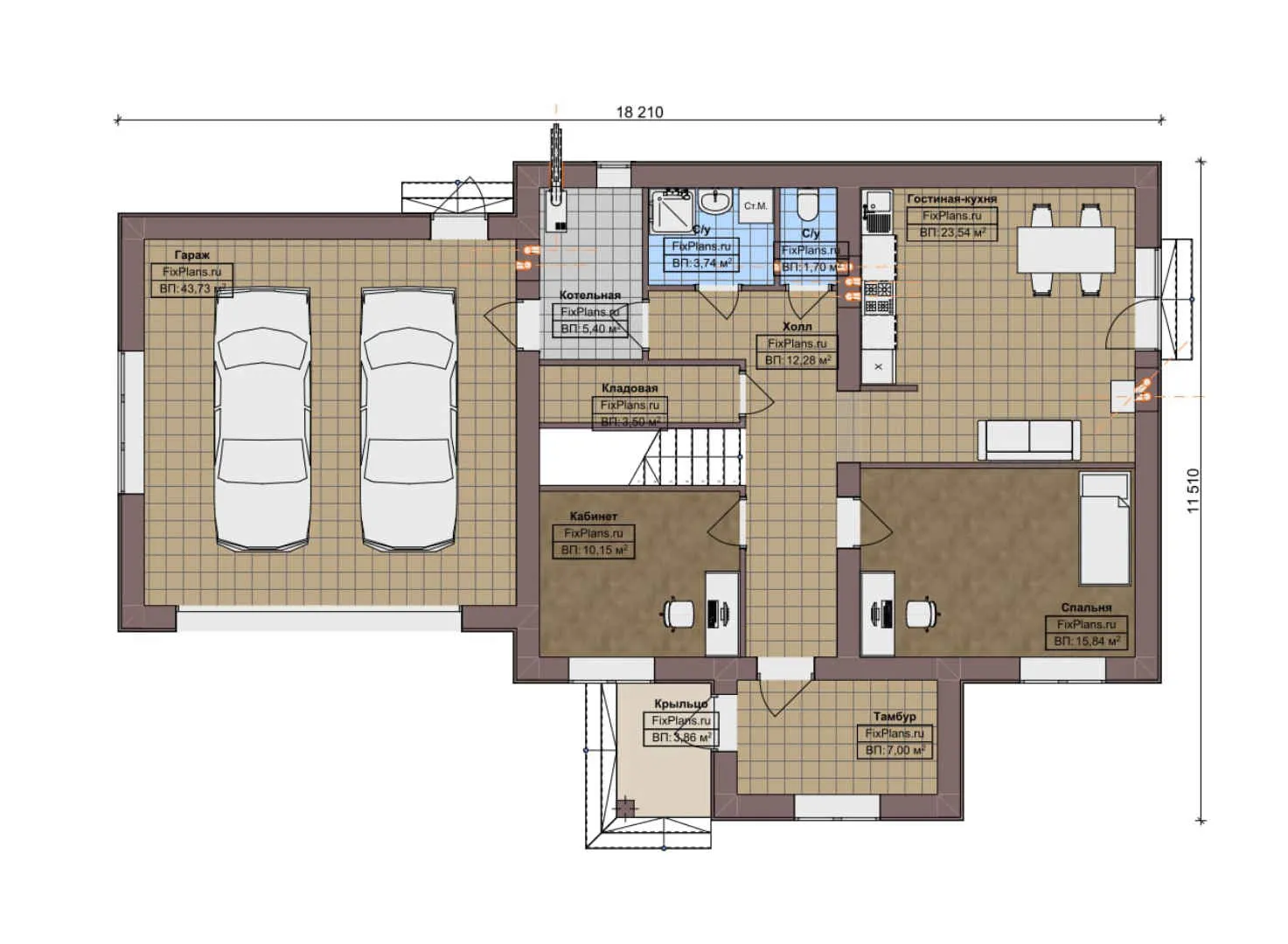 F-8954 - Планы дома с мансардой 12 на 19, площадью 250 м² с гаражом на 2 машины и 5 спальнями