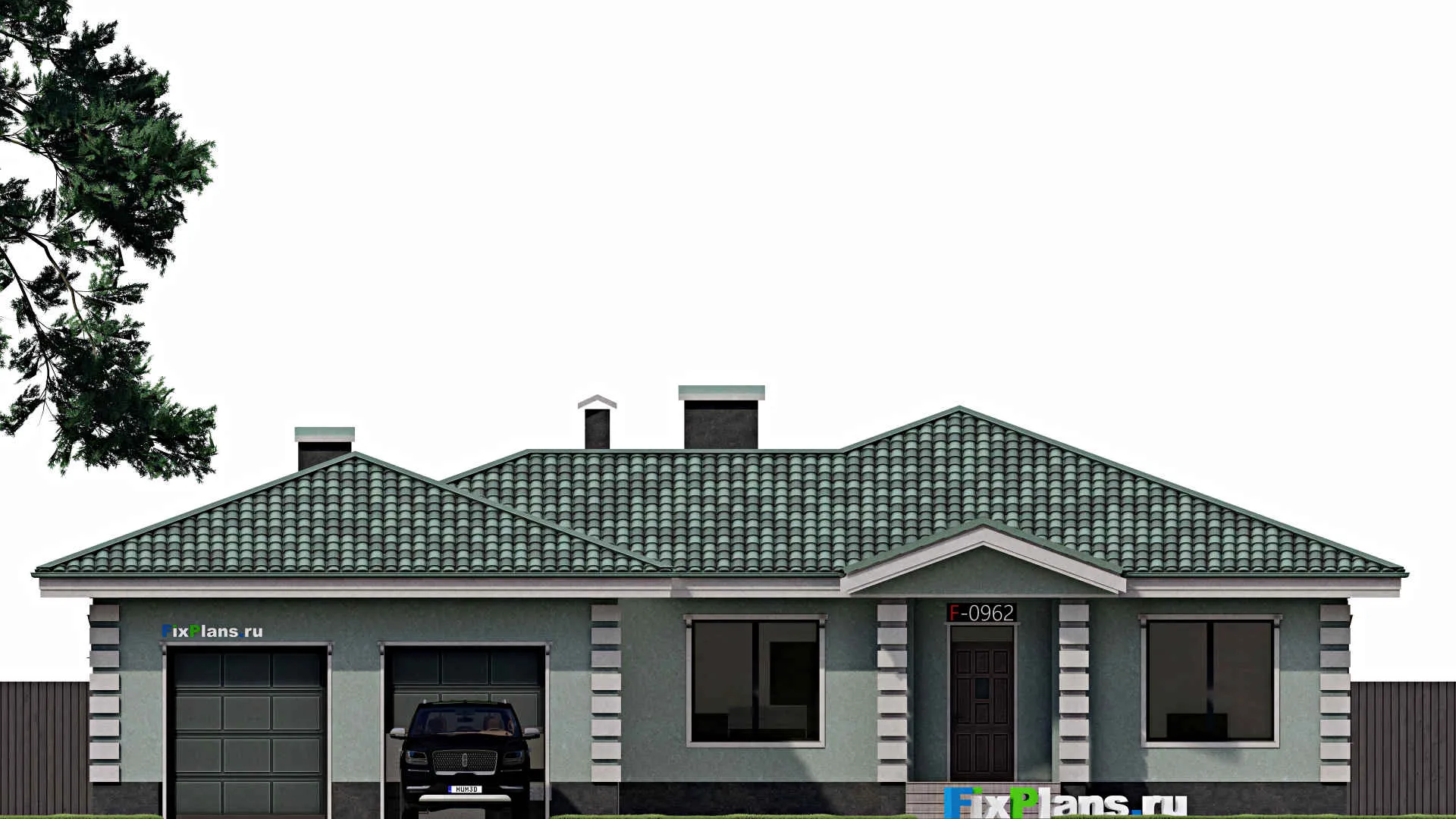 F-0962 - Проект одноэтажного дома 20 на 24, площадью 250 м² с террасой, гаражом на 2 машины и 3 спальнями